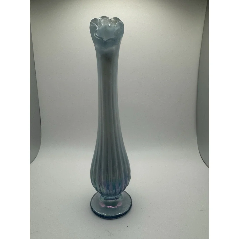 FENTON GLASS 1997 MISTY‎ BLUE SATIN BUD VASE, FABERGE, 7.5